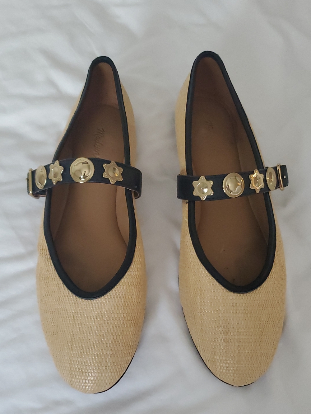 Madewell Beige Woven Mary Jane Flats with Black Strap & Gold Studs
